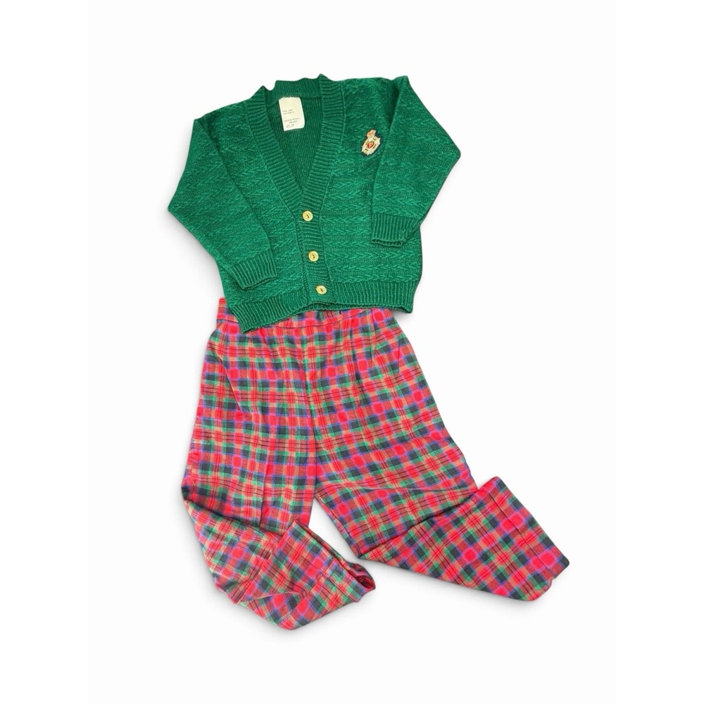 Vintage Toddler Boys Preppy Outfit Size 3T Green Cardigan Plaid Pants USA